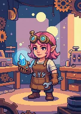 Pixel Art Gnome Mechanic with Crystal