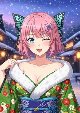 Anime Girl in Kimono with Butterfly Hair Clips