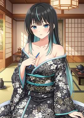 Anime Girl in Kimono with Pen