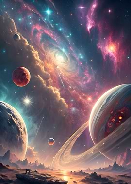 Cosmic Landscape with Planets and Nebula