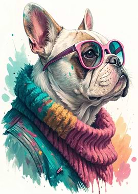 French Bulldog Wearing Sunglasses and Scarf