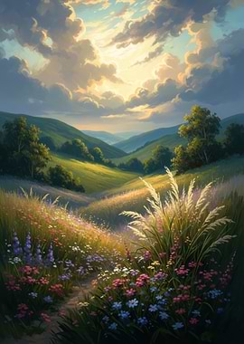 Idyllic Meadow Landscape at Sunset