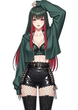 Anime Girl in Green Hoodie and Black Shorts