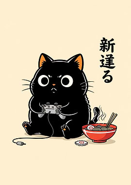 Gamer black Cat with Ramen Funny Cat Gamer Japanese Wall Art