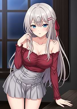 Anime Girl in Red Top and Gray Skirt