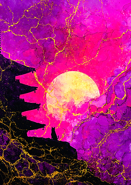 Cat Silhouette Pagoda Gold Veins