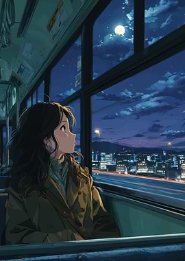 Girl on a bus looking at the night city