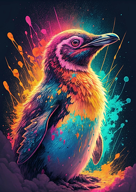 Vibrant Penguin with Colorful Splashes
