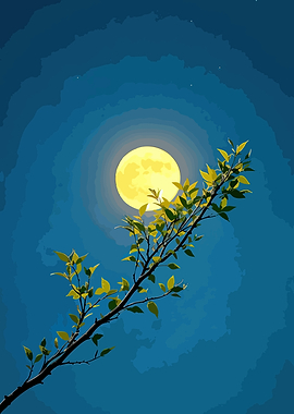 Moonlit Branch with Leaves
