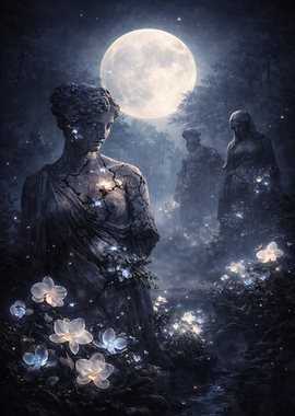 Moonlit Garden Statues and Flowers