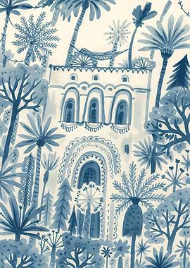 Blue Watercolor Jungle Building