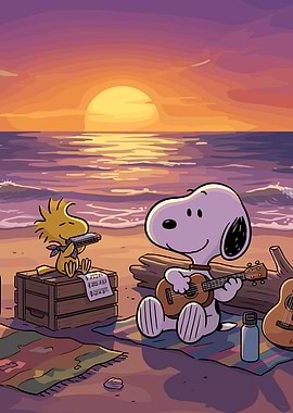 Snoopy and Woodstock play music at sunset