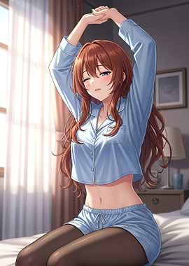 Anime girl stretching in pajamas