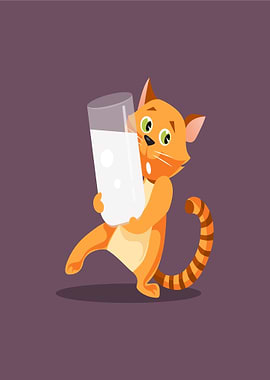 Cartoon Cat Holding a Glass of Milk