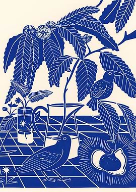 Birds and Botanicals in Blue and Cream