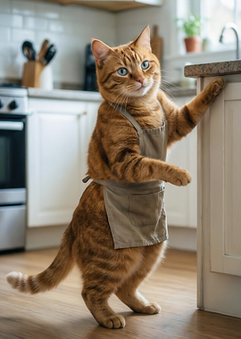 Ginger cat wearing an apron in a kitchen