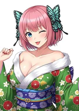 Anime Girl in Green Kimono with Butterfly Hair Clips