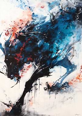 Abstract Blue and Red Bull Painting