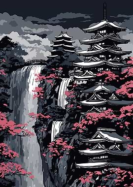 Japanese Pagodas and Waterfall