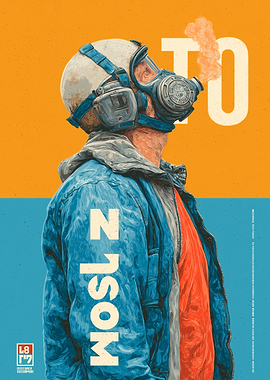 Man in Gas Mask and Blue Jacket