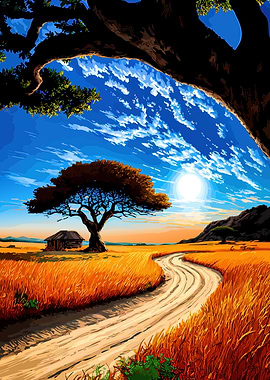 African Savannah Landscape with Tree and Hut