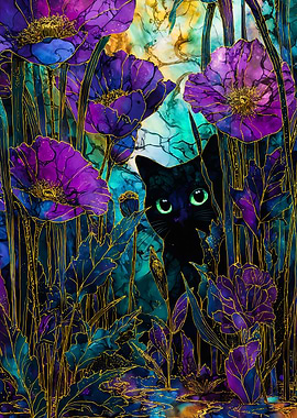 Black Cat Behind Purple Poppies