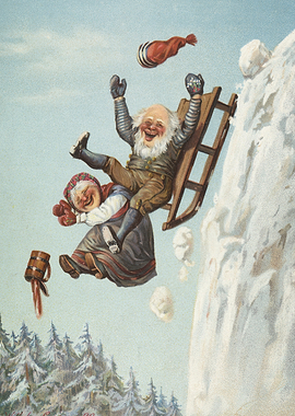 Gnomes Sledding Down a Snowy Hill