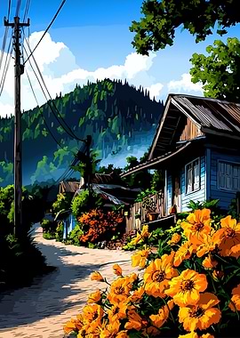 Vibrant village road with flowers and mountains