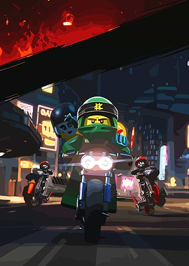 Ninjago characters on motorcycles in a city