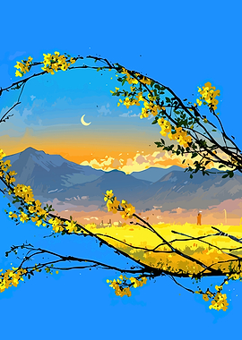 Sunrise over mountains with floral frame