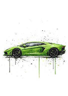 Green Sports Car Watercolor Splash Art