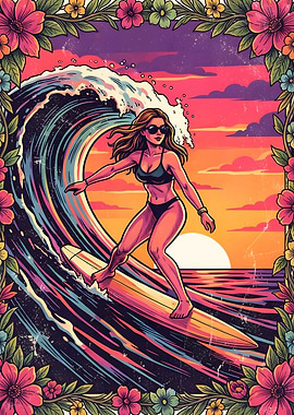 Surfer Girl at Sunset Retro Illustration