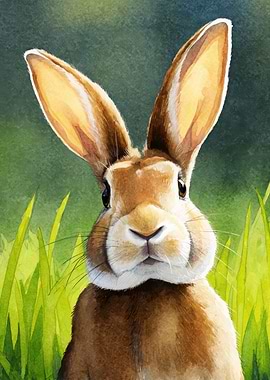 Watercolor Rabbit in Green Grass