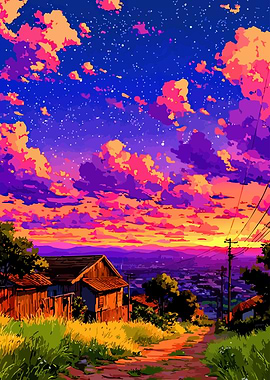 Anime Sunset Over Rural Town