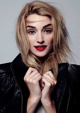 Brianne Howey in Leather Jacket with Red Lipstick