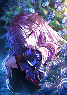 Anime Girl with Pink Eyes and Blue Flowers
