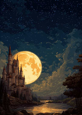 Fantasy Castle Under a Full Moon