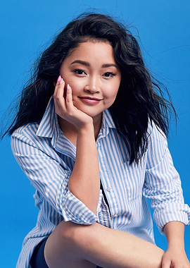 Lana Condor Posing Against Blue Background