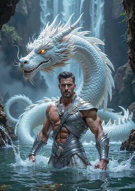 Fantasy Warrior and White Dragon by Waterfall