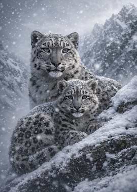 Snow Leopard Mother and Cub in Snow