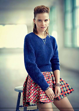Emma Watson in Blue Sweater and Plaid Skirt