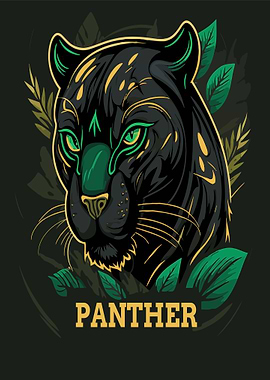 Black Panther with Green Eyes and Leaves