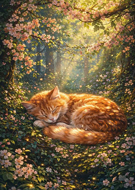Sleeping Cat in a Floral Forest