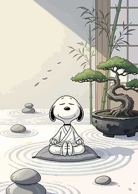 Snoopy meditating in a zen garden