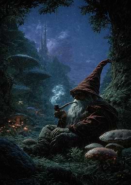 Fantasy Gnome Smoking Pipe in Enchanted Forest