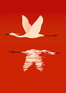 White Crane Flying Over Red Water