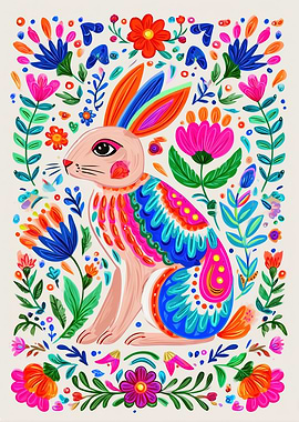 Colorful Folk Art Rabbit with Flowers