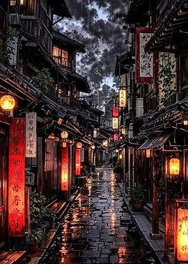 Rainy Night in Traditional Asian Alley