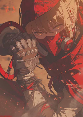 Anime Girl in Red Gas Mask and Hood