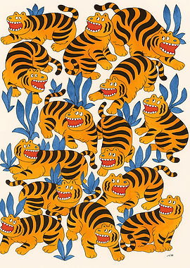 Group of Cartoon Tigers with Blue Plants